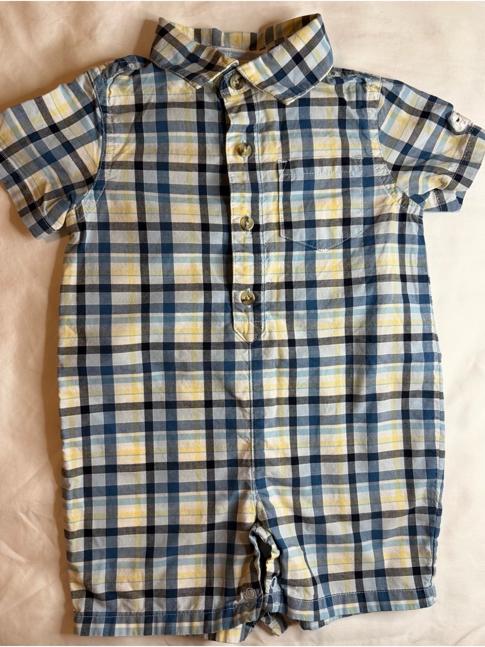Janie and Jack Short-Sleeve Plaid Romper in Blue and Yellow - blue label
